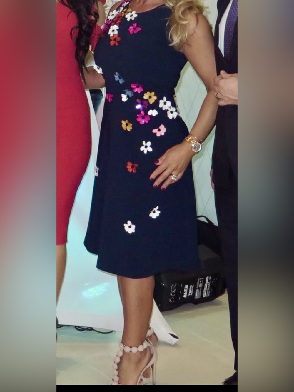 THEIA Navy 3D Floral Appliqué Midi Dress Size 6